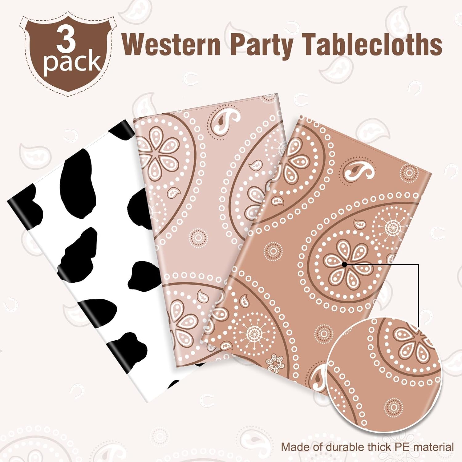 Tatuo 3 Pack Western Party Bandana Tablecloth,Apricot,Brown,Cow Pattern image 3
