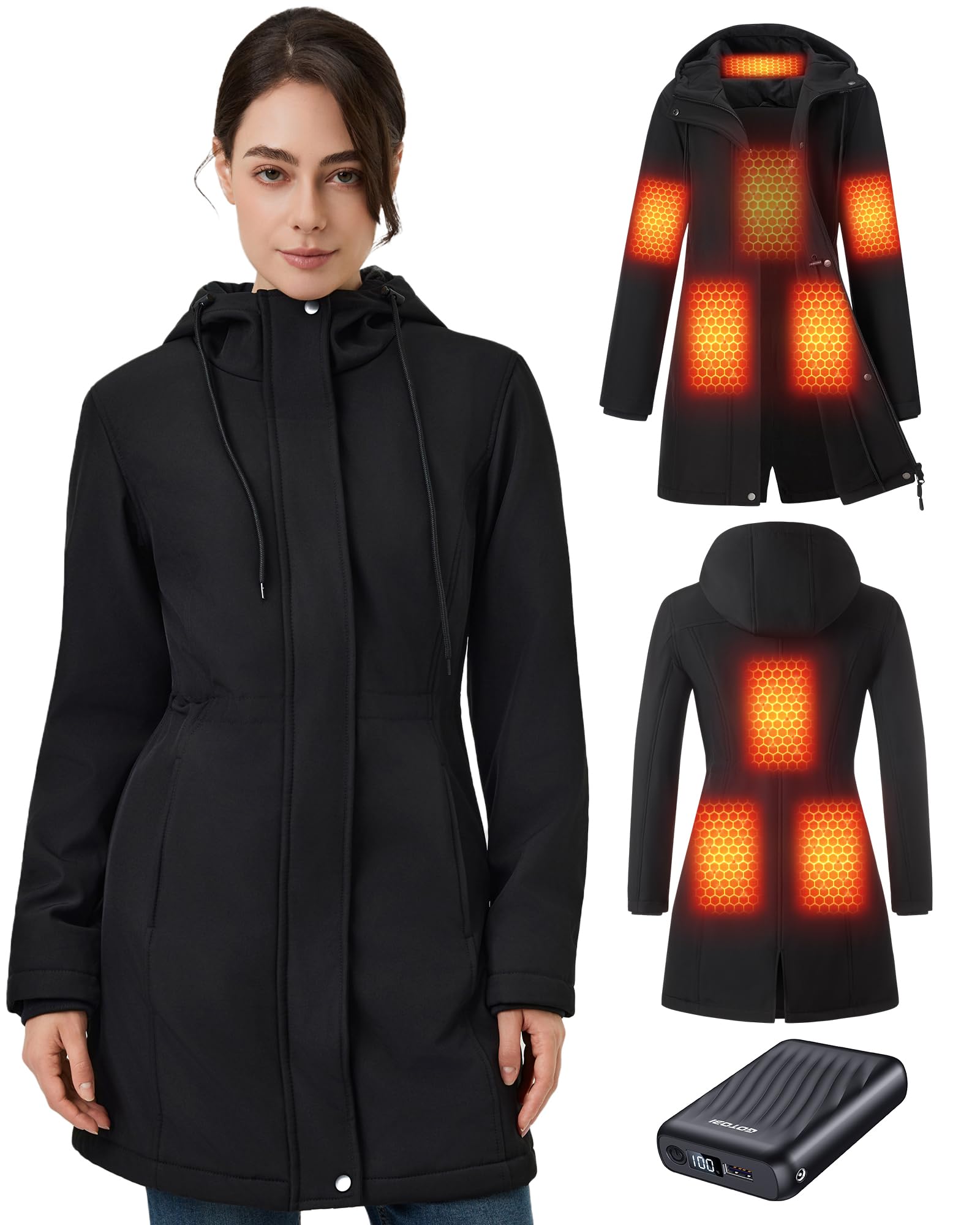 Beheizbare Jacke Damen mit Powerbank 12V 18400mAh, 8 Heizzonen Heizjacke mit 3 Temperaturstufen, Fleecefutter Winddicht Langer Winter Parka mit Kapuze fur Outdoor