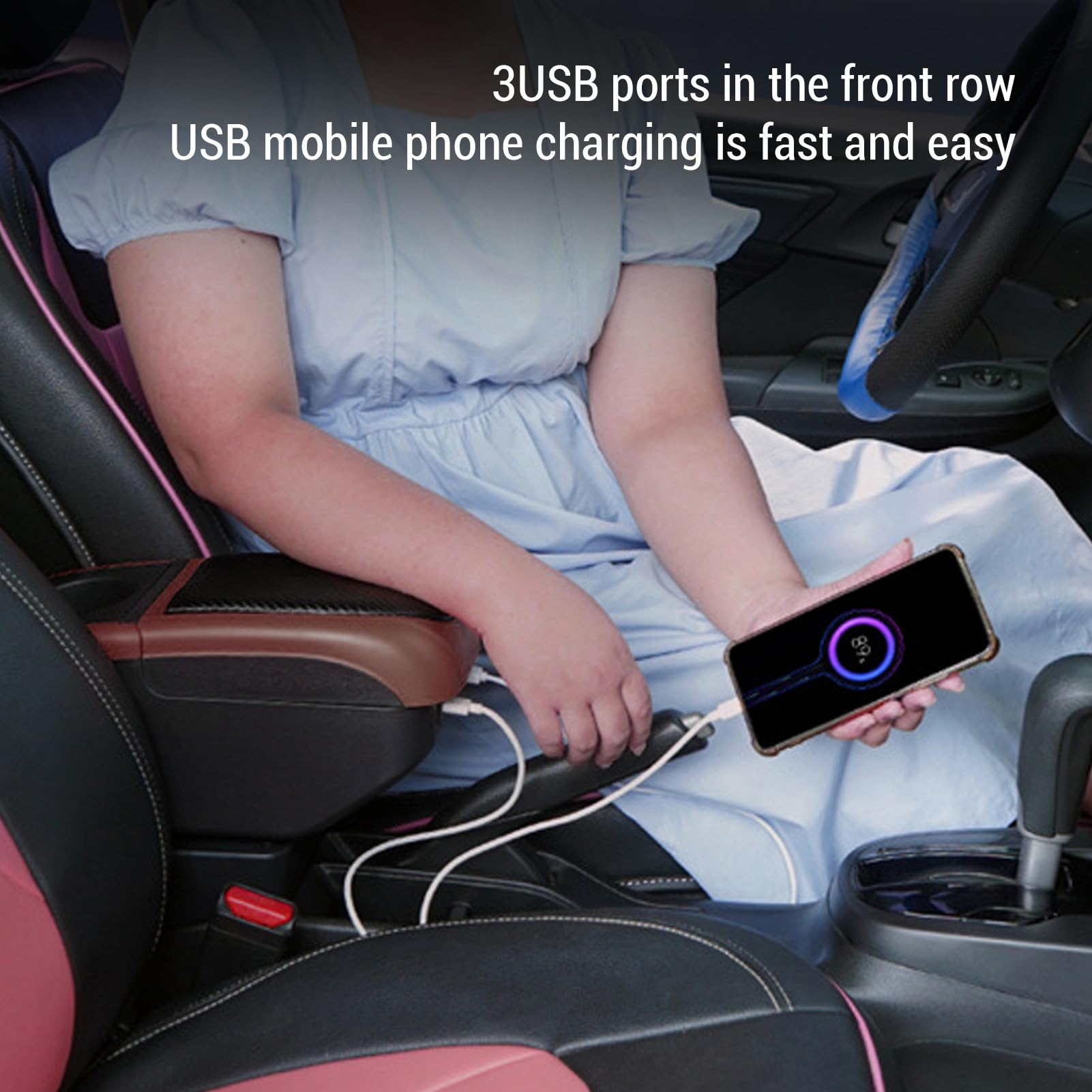 Uniwersalny Organizer w Podłokietniku Samochodowym, Schowek na konsolę samochodową, Automatyczny Schowek w Podłokietniku, Schowki w z 6 Portami USB do ładowania i regulowaną prowadnicą,