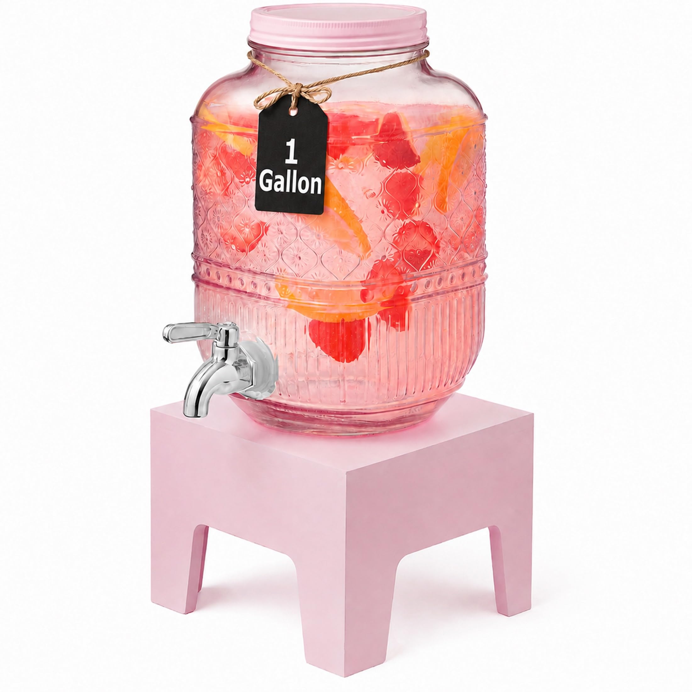 Godinger Getränkespender aus Glas mit Holzständer, 3,5 l, 16 Tassen, Rosa