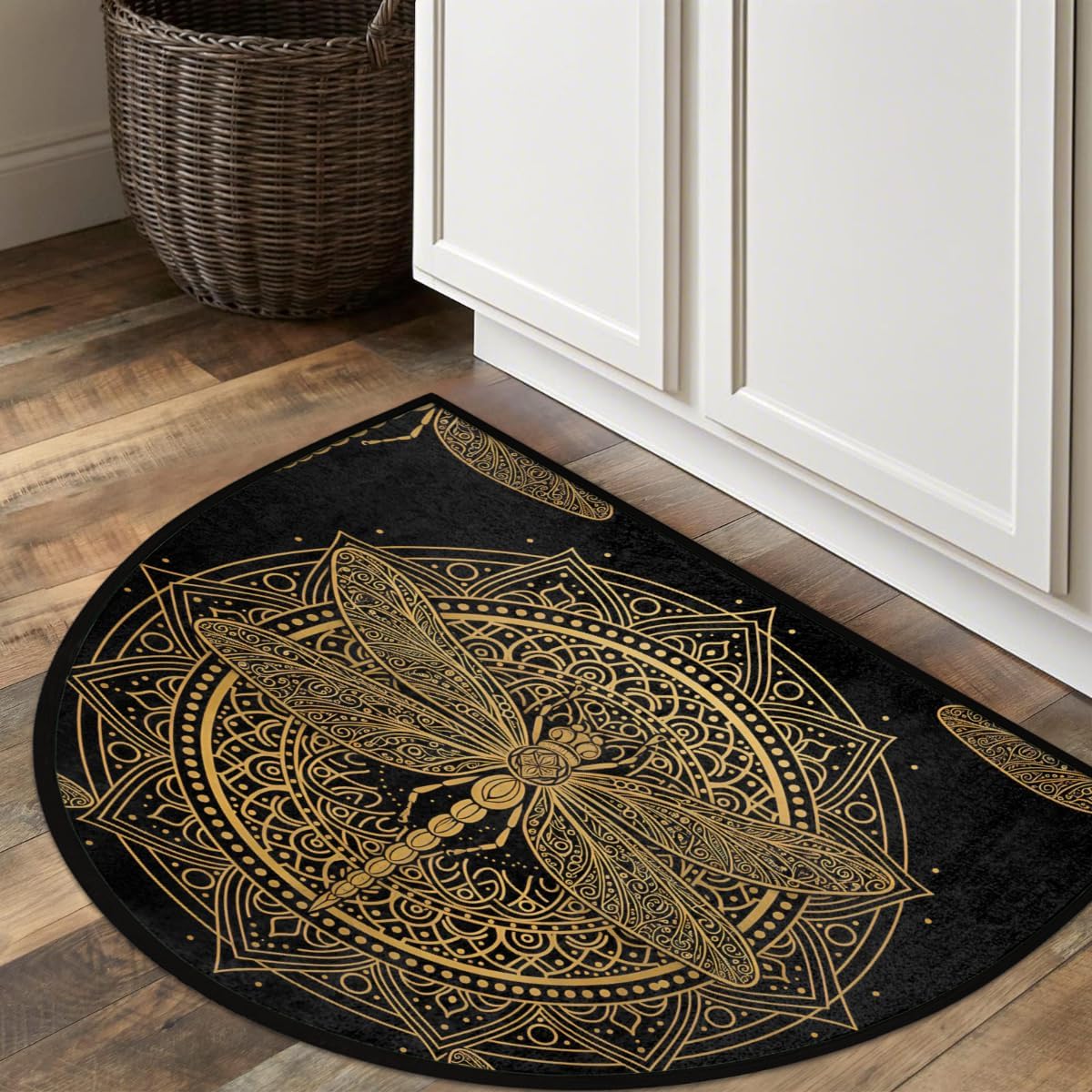 AUUXVA Vintage Half Round Rug - Dragonfly Mandala Design, Non-Slip Boho Kitchen Sink Floor Mat, Indoor Entryway Welcome Mat for High Traffic Areas, Fireplace Hearth Rug