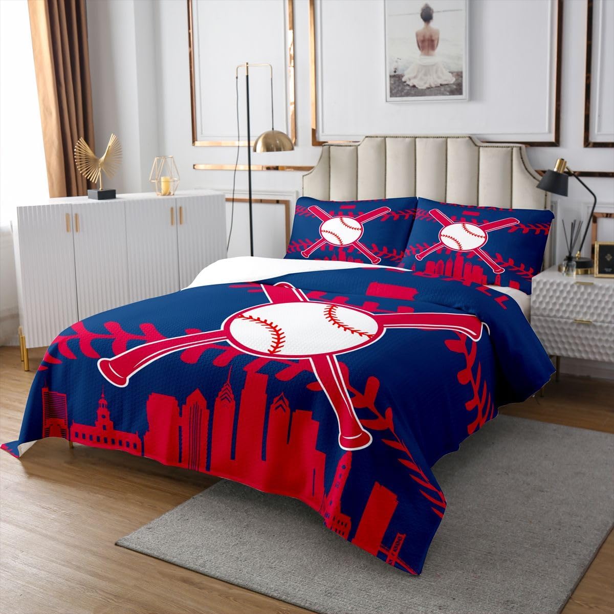 Erosebridal Baseball Quilt Set for Boys,Kids Softball Coverlet Set Twin,Red Black Baseball Player Bedspread Set,Sports Game Bed Cover with 1 Pillowcase Lightweight