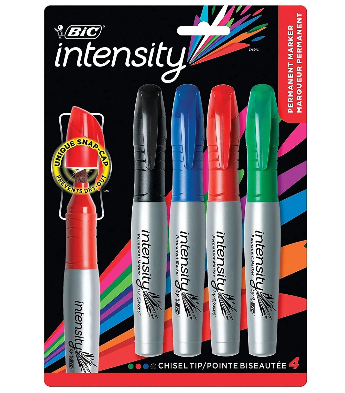 4 x Bic Intensity Chisel Tip Permanent Marker Pens for Wood, Metal, Glass, Plastic, Card, CDs, Paper, Photos & More in Assorted Colours (Black, Blue, Red & Green)