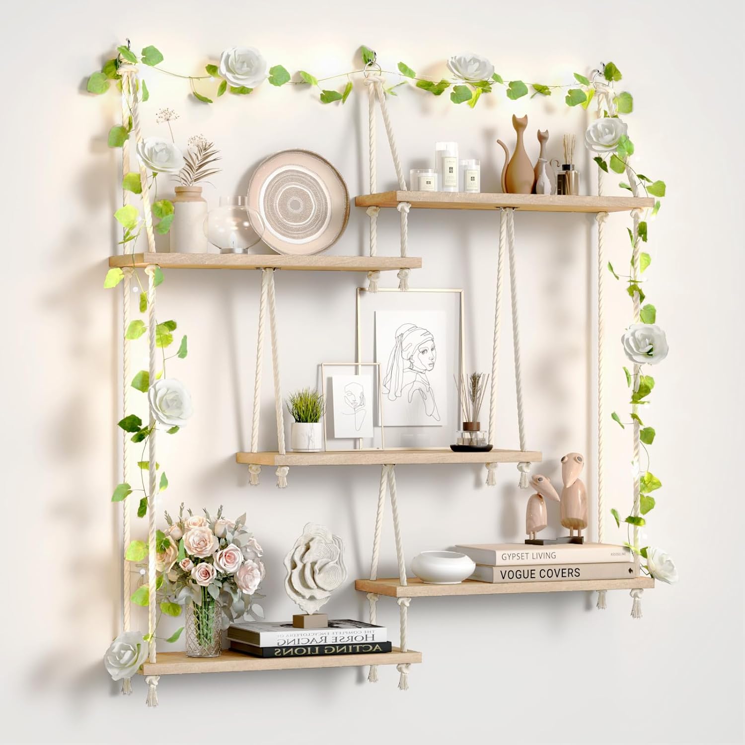 Hanging Shelf with Vine Lights 5 Tier Boho Plant Wall Shelf Floating Shelves Rope Rustic Wood Organizer Storage Hanger Rack for Wall Decor in Aesthetic Home Bedroom Kitchen (Five-tier rope rack)