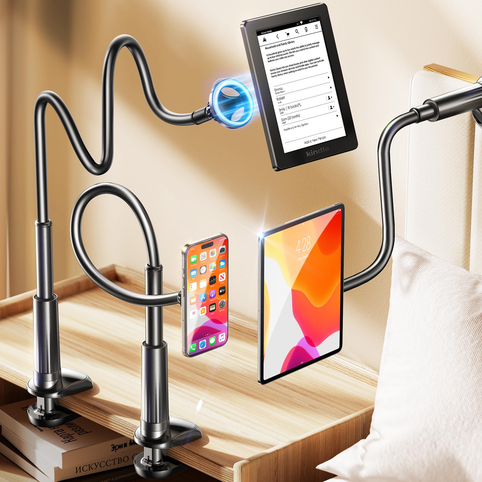 LISEN for Magsafe Phone Holder for Desk Bed, Long Arm Kindle Holder for Bed iPad Gooseneck Cell Phone Stand Mount Tablet Phone Holder for Recording fits iPhone 15 Pro Max Plus 14 13 12 Kindle iPad S24