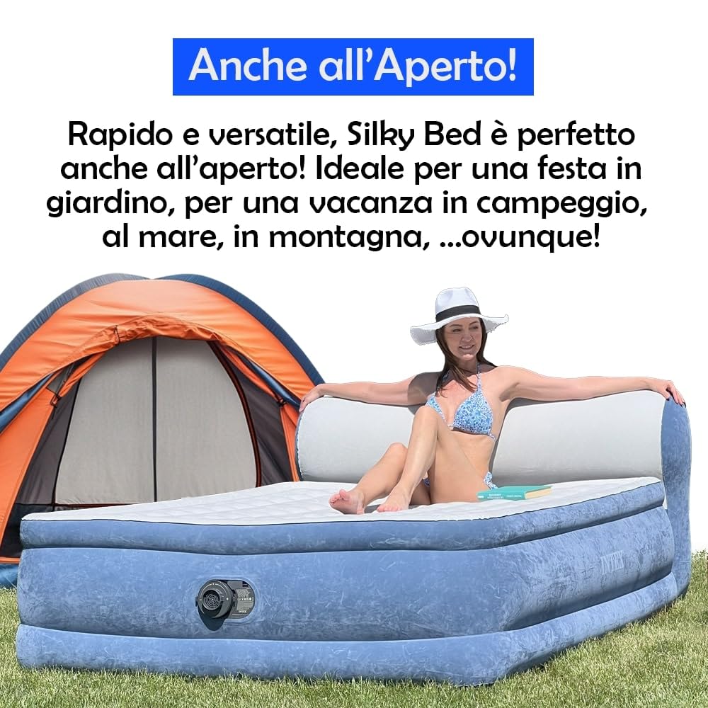 SILKY BED Materasso Gonfiabile Matrimoniale 229x152x46 cm – ORIGINALE VISTO IN TV Autogonfiante con Pompa Elettrica Integrata, Comfort Ergonomico, Testiera Alta 33 cm e Borsa da Trasporto