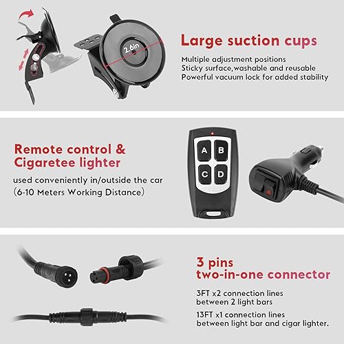 Miniatura 6 de FEELOTAM Barra de luces estroboscópicas de emergencia 2 en 1 para vehículos, camiones, rojo y blanco, 23 patrones de flash, 2 luces de advertencia