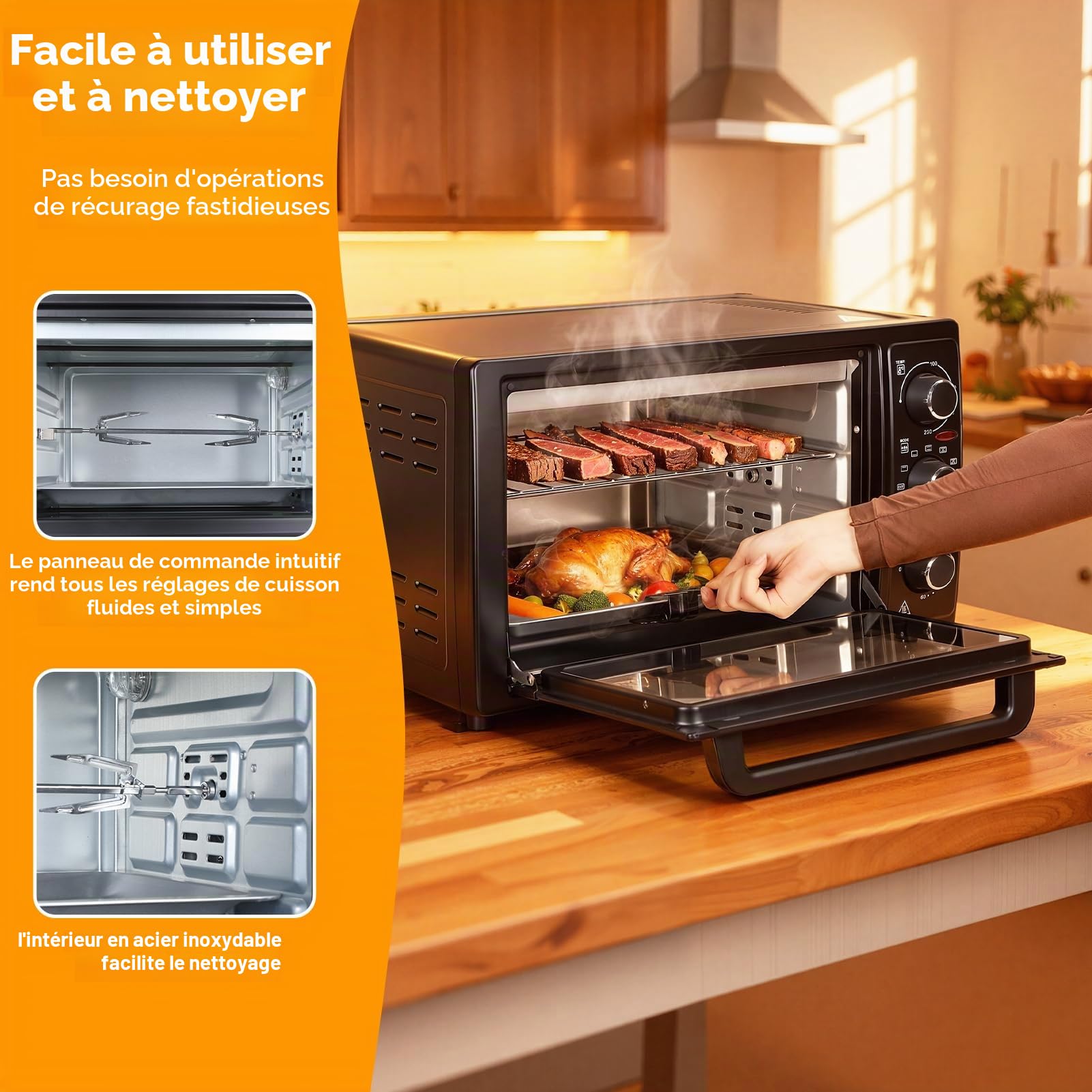 Mini Four Electrique 32L, Four Posable Cuisine, Four Convection Chaleur Tournante 1500W, Four Multifonction Rotisserie Tournebroche, Minuterie 60 Min, Temperature Reglable (Noir)