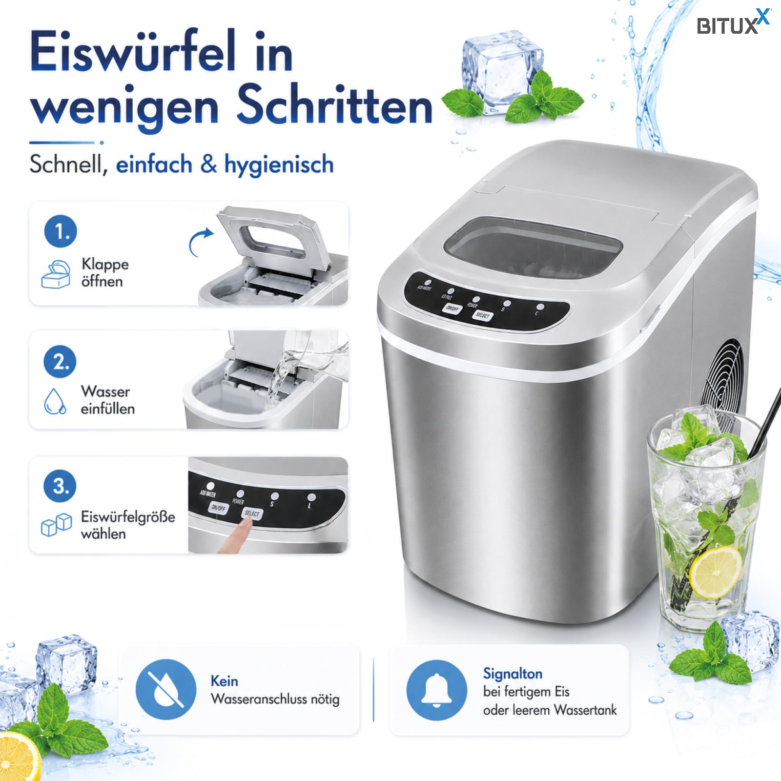 Eiswürfelmaschine Eiswürfelbereiter Eiswürfel Ice Maker Eis Maschine (Silber)