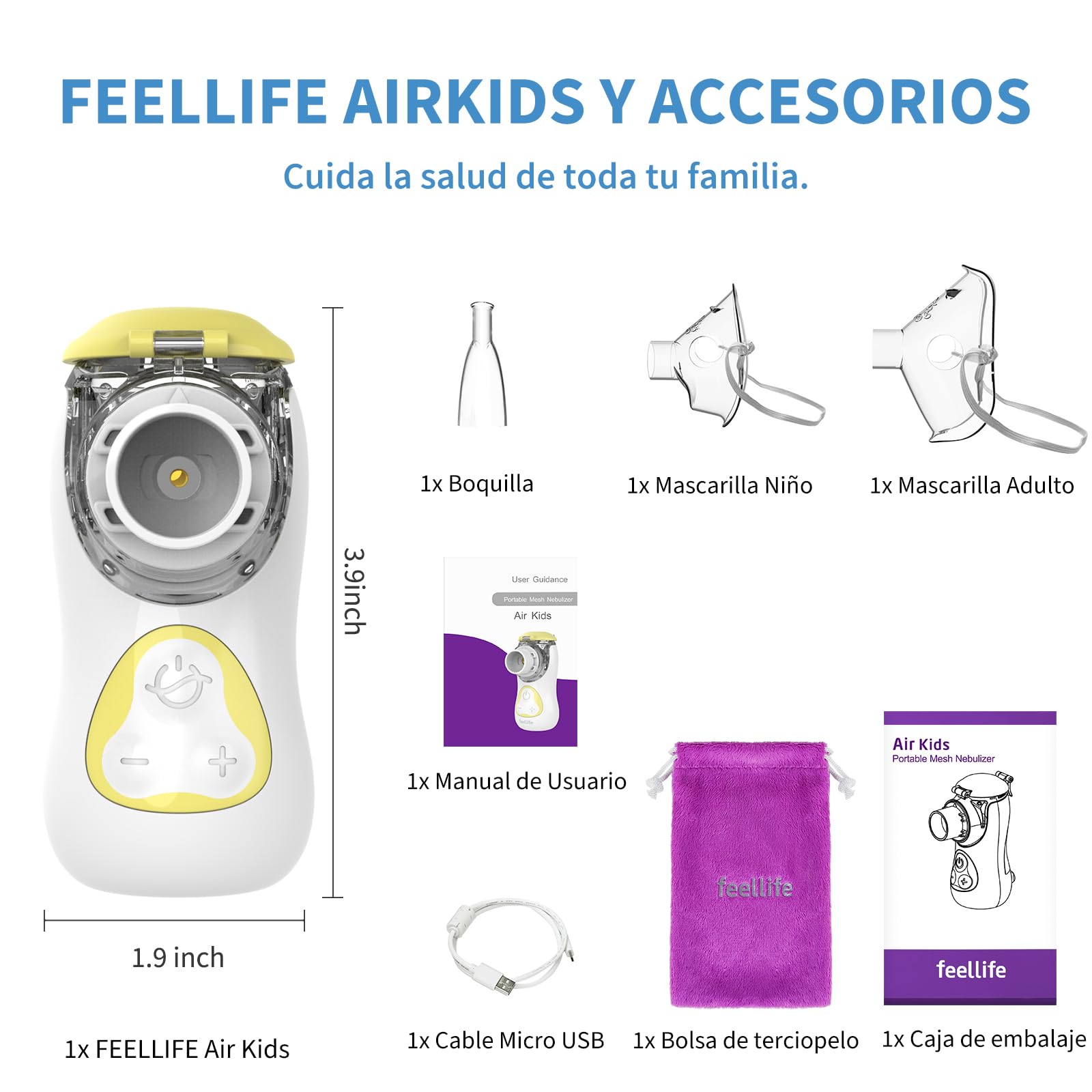 FEELLIFE Nebulizador Portatil para Bebe y Adultos, Nebulizador Silencioso Tasa de Atomización Ajustable, Inhalador Recargable para El Tratamiento de Tos, Asma, Enfermedades Respiratorias-Amarillo