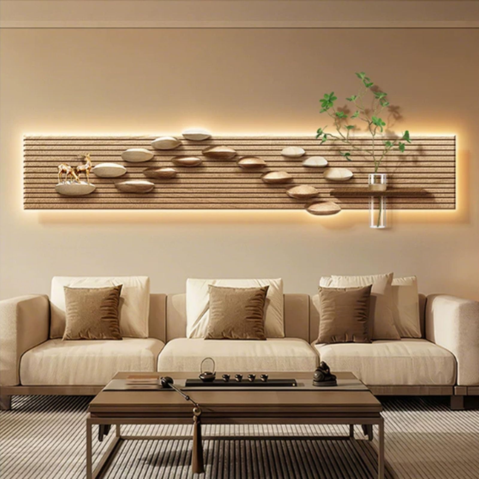 Sandstein-3D-Wandbild mit LED-Beleuchtung, großes dekoratives Gemälde für das Wohnzimmer, Wandskulptur mit Vasen und künstlichem Grün, Wandbild für Eingangsbereich/Flur (Stil 3, 180 x 36 cm