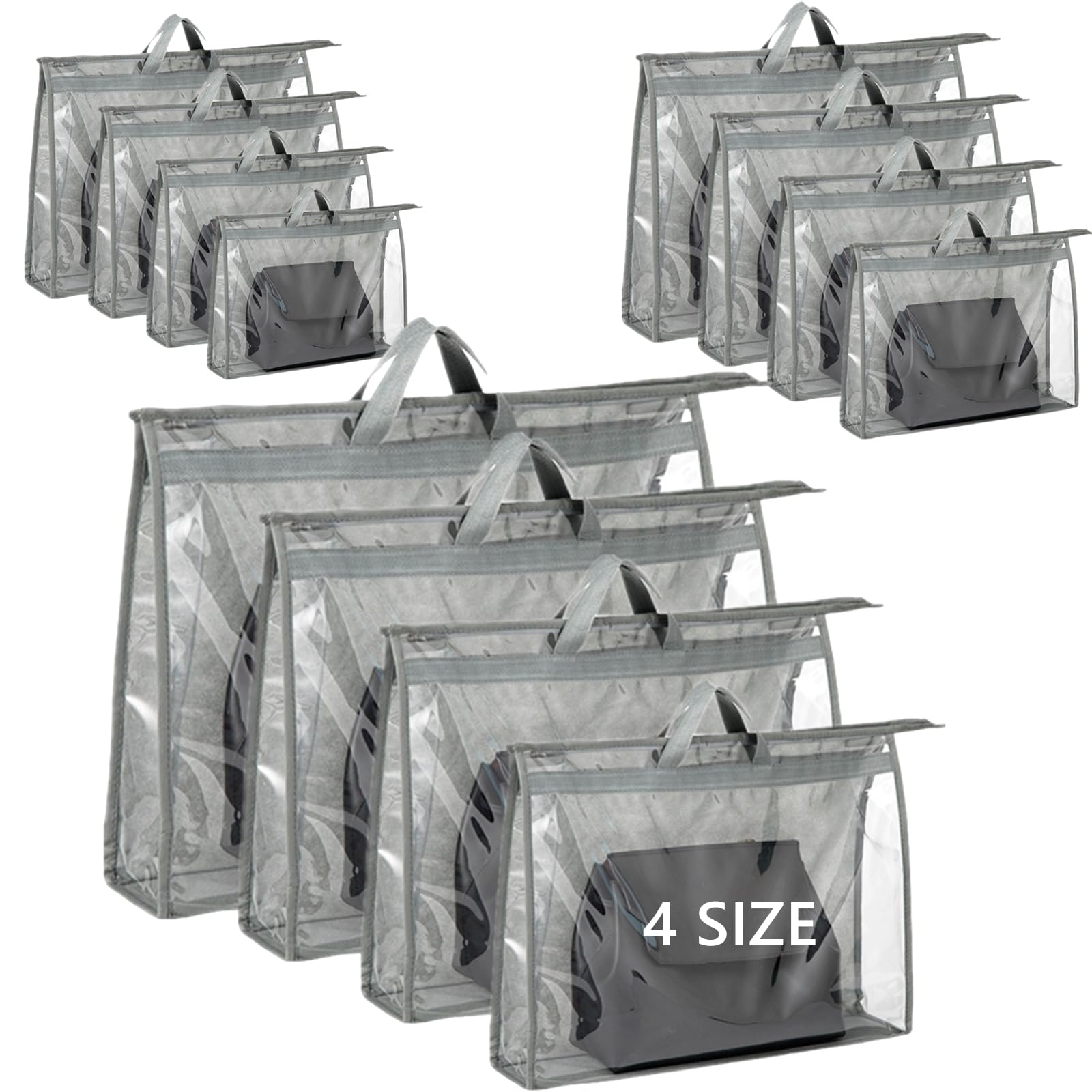 Paquete de 12 bolsas de polvo para bolso, bolsa organizadora de almacenamiento transparente para armario con cremallera y asa, bolsa de 4 tamaños para colgar contra el polvo para bolso,