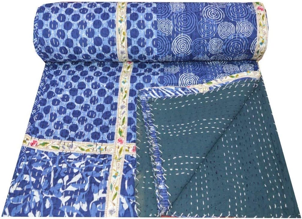 YUVANCRAFTS Indian Handmade Cotton Kantha Quilt Traditional Patchwork Twin Quilt Blanket Bedspreads Throw (Blue)