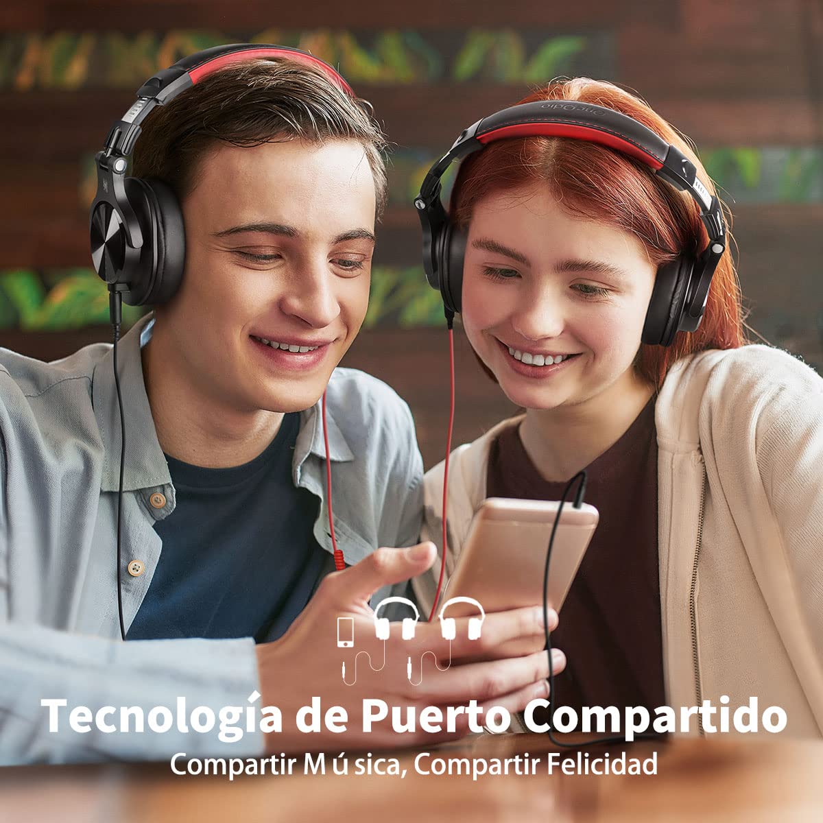 Auriculares OneOdio sobre la oreja, auriculares DJ con cable, auriculares HiFi de estudio con puerto compartido para monitor de grabación AMP de guitarra de piano e-drum (Rojo2)