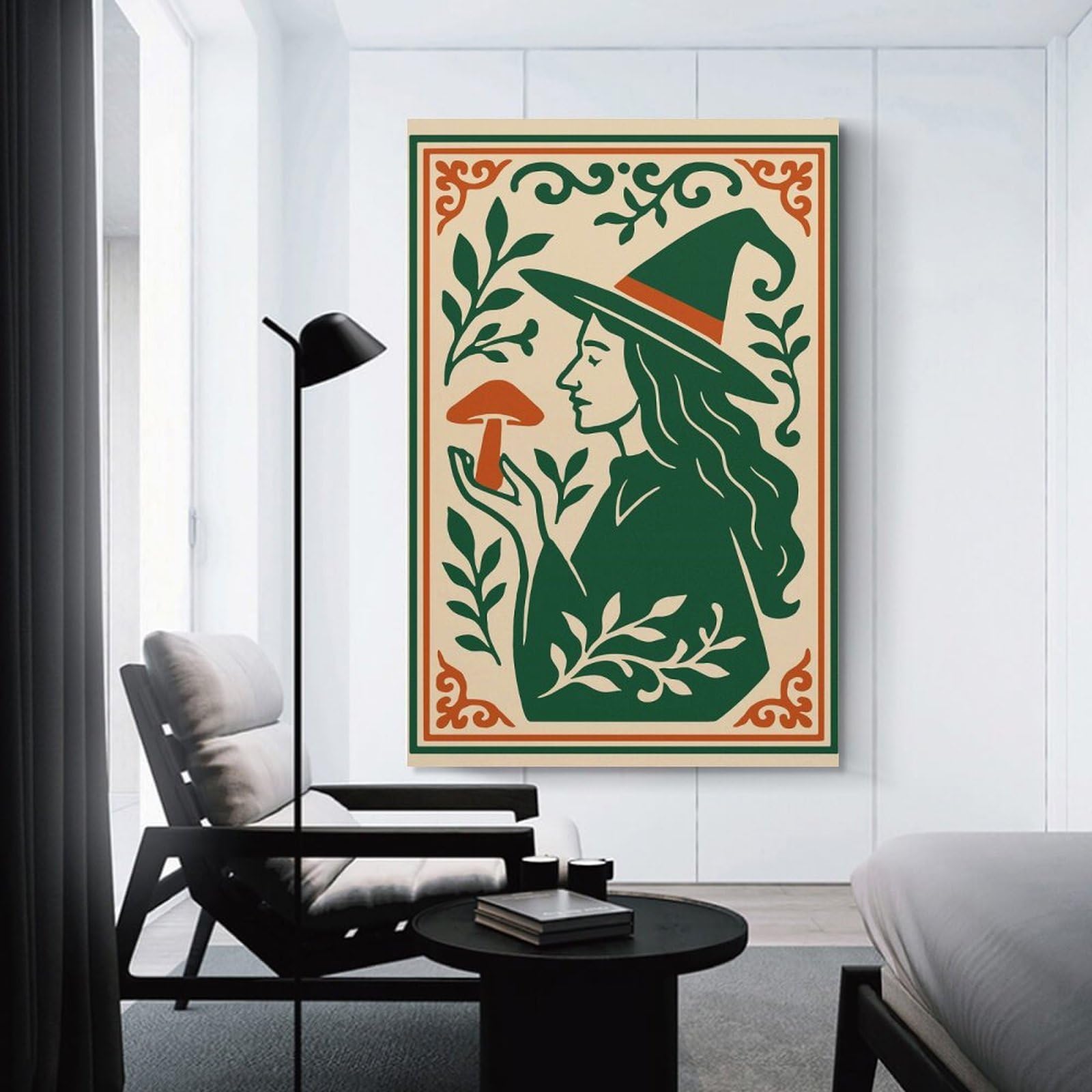 Junmoney Witch with Mushroom Illustration Wall Picture Print 12x18inch(30x45cm), for Picture Wall Styling in Lounge Or Bedroom, Ideal for Building A Coordinated Art Wall