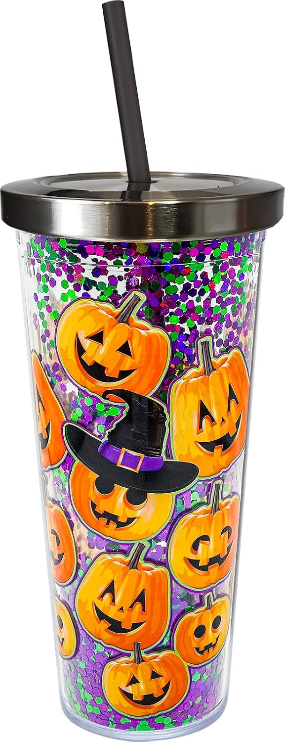 Spoontiques - Glitter Filled Acrylic Tumbler - Glitter Cup with Straw - 20 oz - Stainless Steel Locking Lid with Straw - Double Wall Insulated - BPA Free - Pumpkins