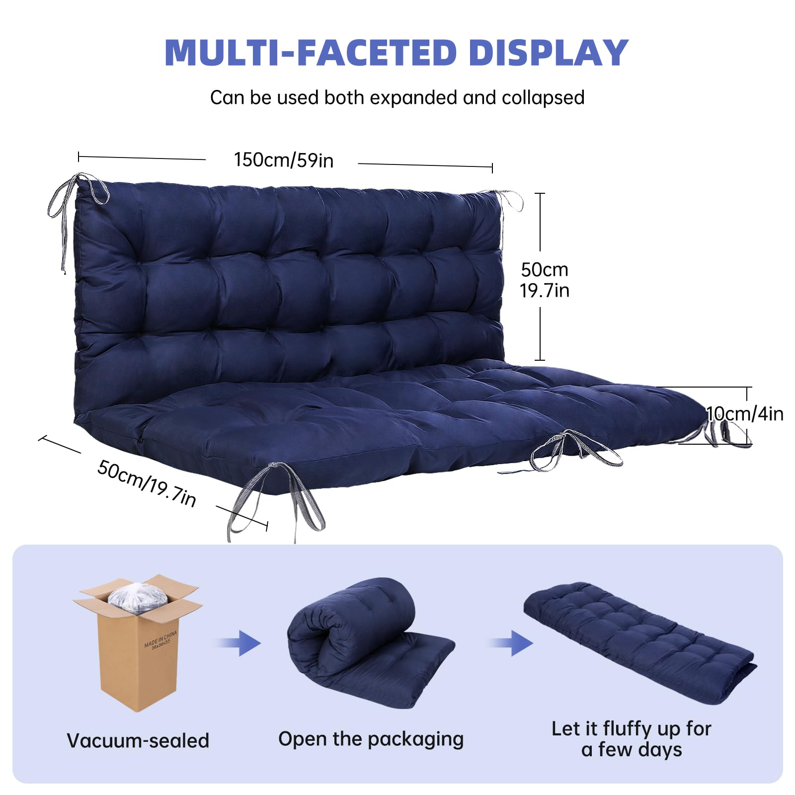Goutime Gartenliegesitzkissen 150x100cm, 2-Personen Schaukelstuhlkissen mit Rückenlehne, Wasserdicht UV-Schutz, Festzurrgurte für Innen & Außen (Blau)