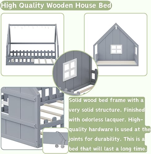 Miniatura 5 de Cama de casa tamaño matrimonial, cama de piso de madera para niños, cama Montessori con barandillas y listones para niños y niñas, altura baja al