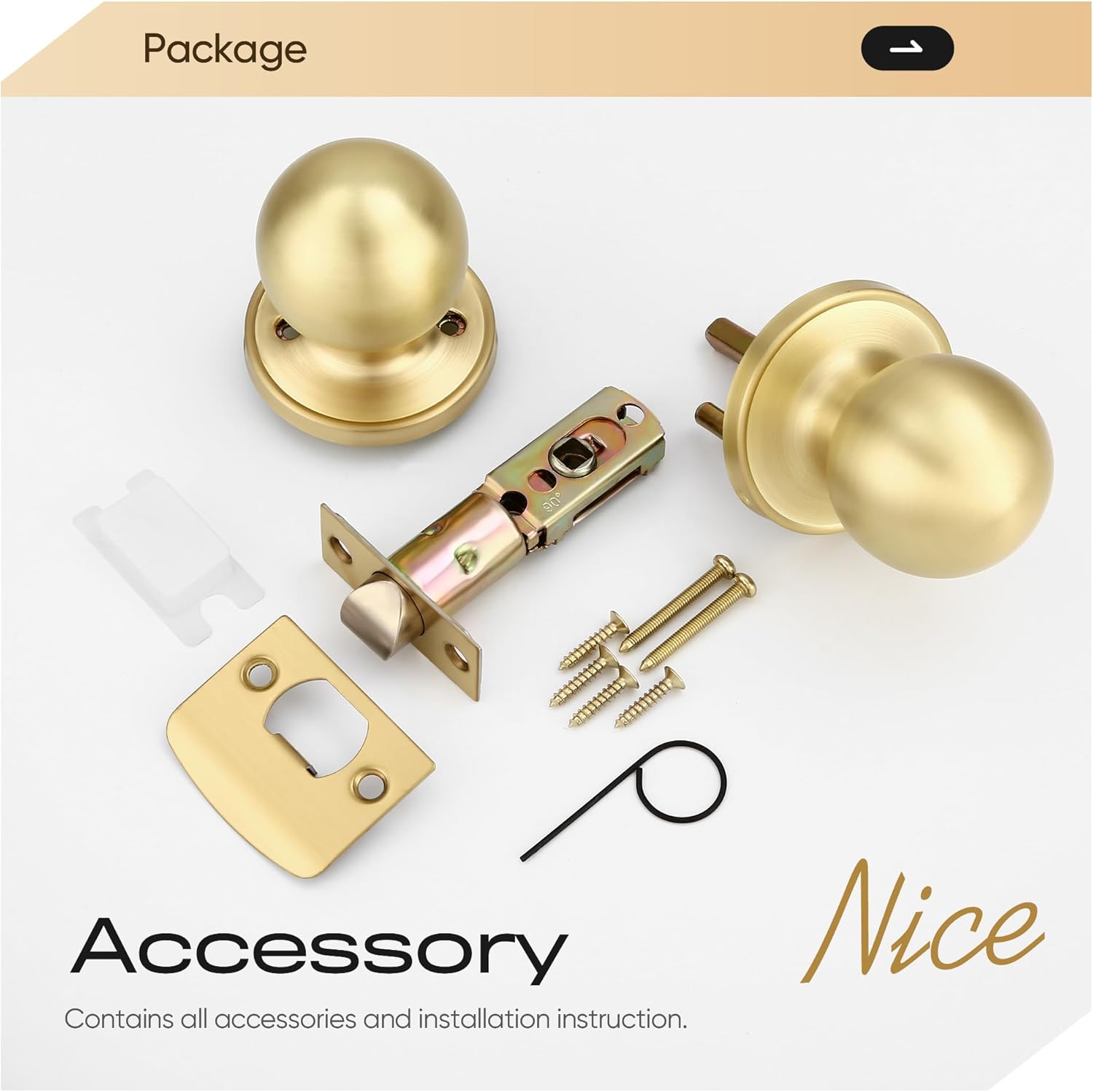 Leydebong 5 Pack Interior Door Knobs, Satin Brass Door Handles, Keyless Non-Locking Passage Door Knobs