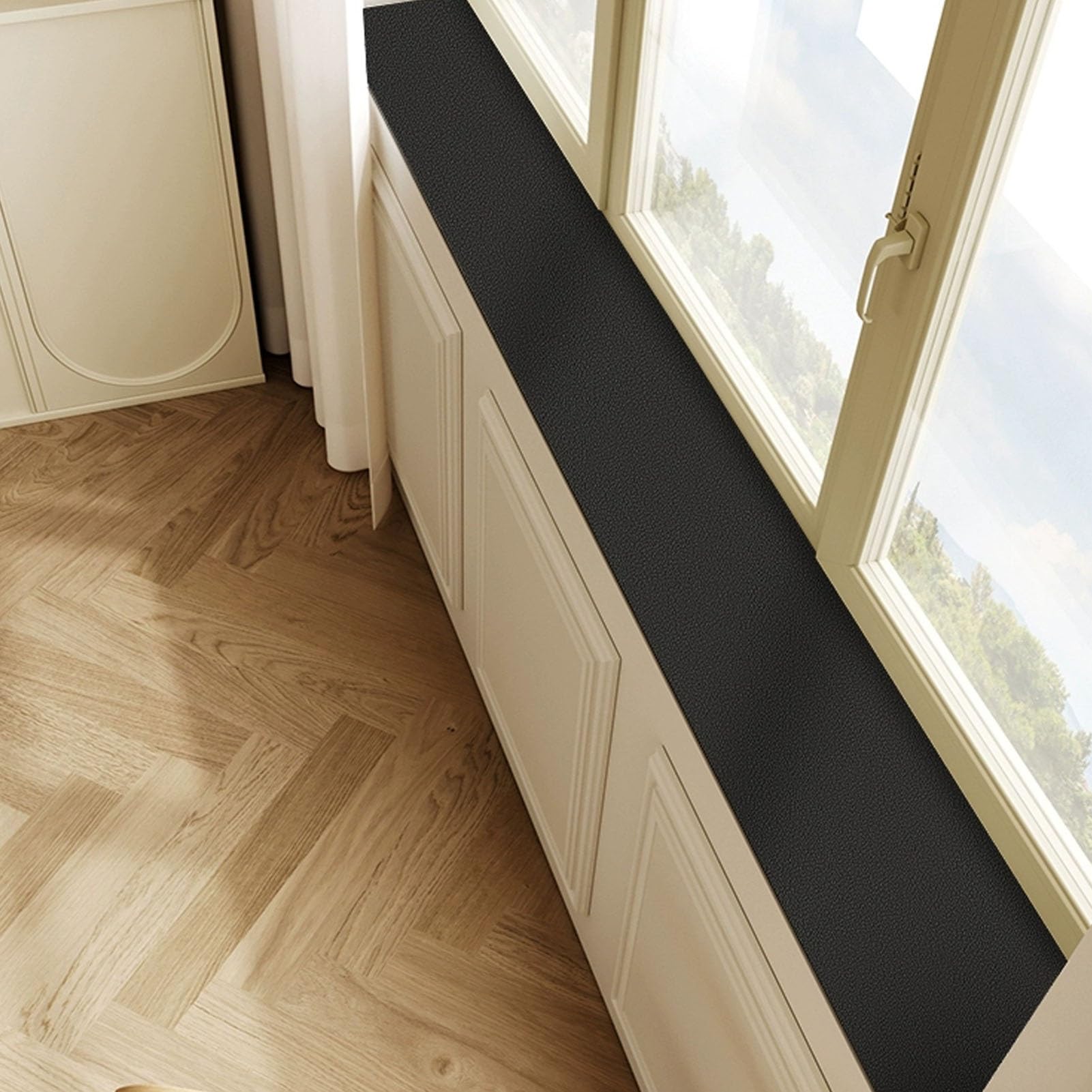 Tapete para Alféizar de Ventana Tapete de Cuero Sintético para Alféizar de Ventana Negro Impermeable Protector de Alféizar para Perros Gatos, Cojín Antideslizante(55x8in(140x20cm))