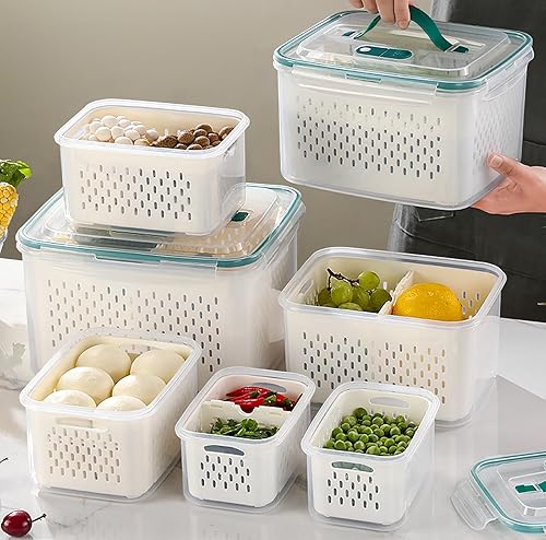 Miniatura 2 de Recipientes de almacenamiento de frutas frescas mejoradas, recipientes grandes de frutas para refrigerador con tapa de ventilación y colador,