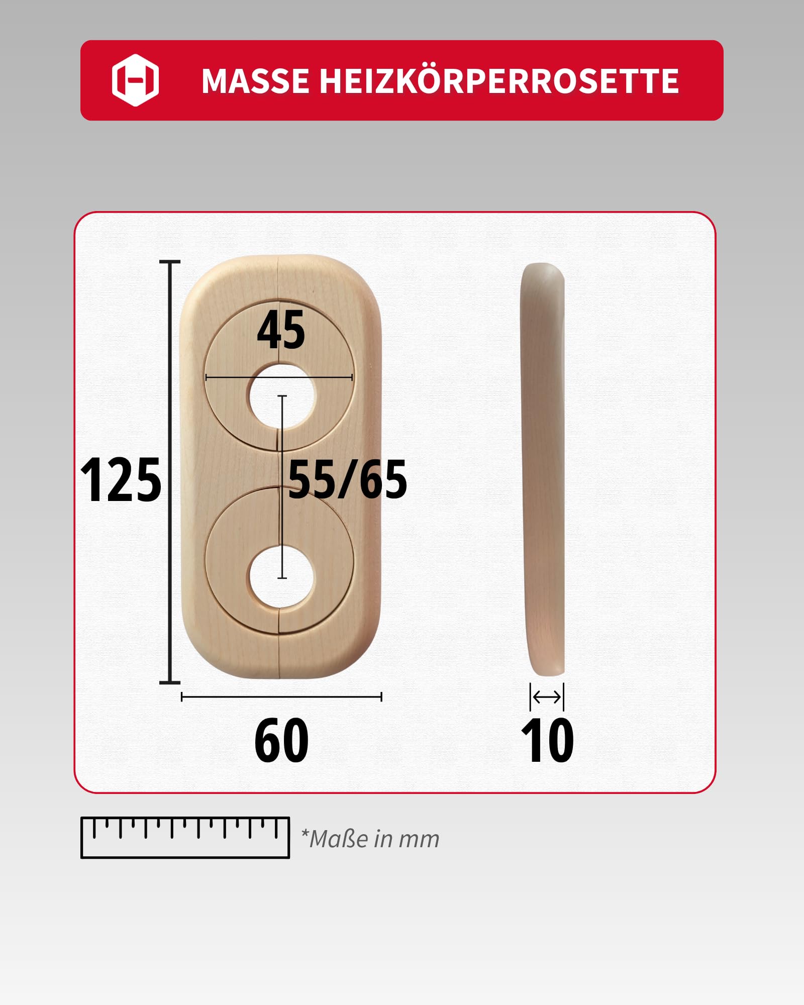 Gedotec Grzejnik podwójna rozeta dąb – otwór 19 mm – zmienny odstęp między rurami 41–66 mm – 122 x 58 mm – drewno lakierowane – pokrywa rury, rozeta grzewcza – Made in Austria (dąb 19 mm)