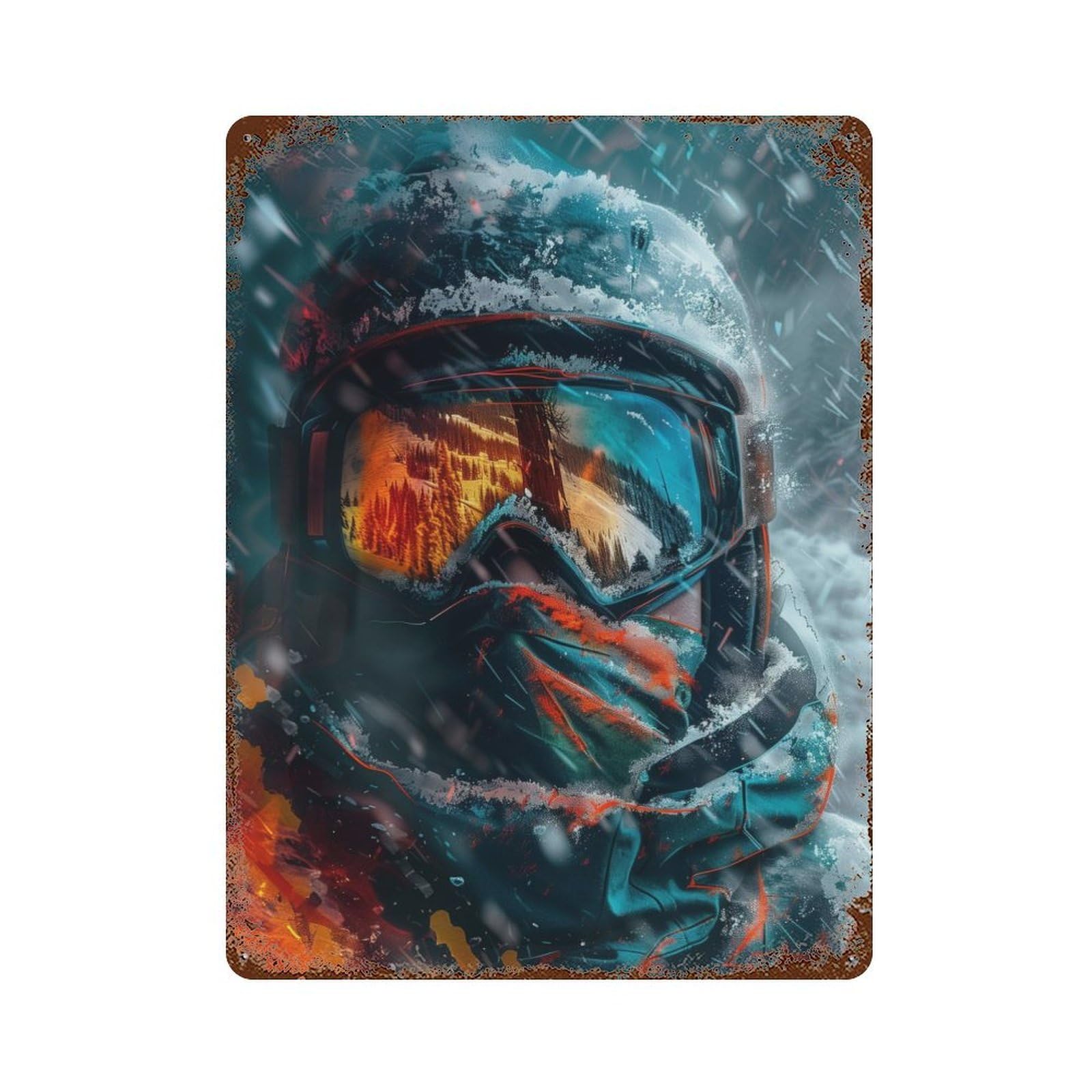 Garage Style Snow Storm Skier Close Up Aged Metal Wall Plaque 15.7"x11.8", Farmhouse Wall Decor for Bar And Workshop