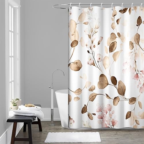 Miniatura 21 de Cortina de ducha con diseño de eucalipto azul acuarela, juego de cortina de ducha pequeña para caravana, impermeable, decoración de baño floral de