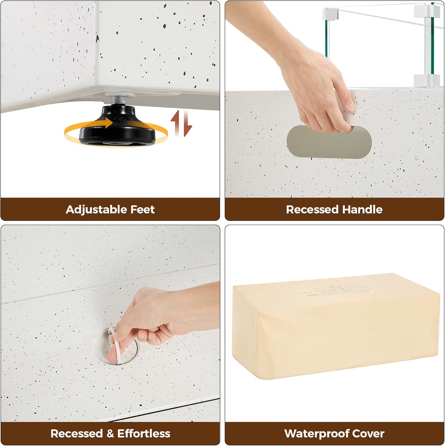 IRONCK 50-Inch Outdoor Propane Fire Pit Table w Tank Table, CSA Certified, Rectangular Patio Fire Pit w Glass Rocks, Wind Guard and Cover, 58000 BTU 2 in 1 Outdoor Heater for Deck Garden, White