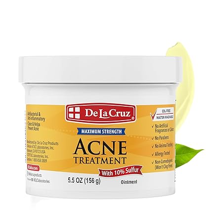 De La Cruz Sulfur Ointment - Cystic Acne Treatment for Face and Body - Daily 10 Min Spot Treatment Mask - Safe and Effective Game Changing Hormonal Acne Treatment That Clears Up Pimples 5.5 OZ.