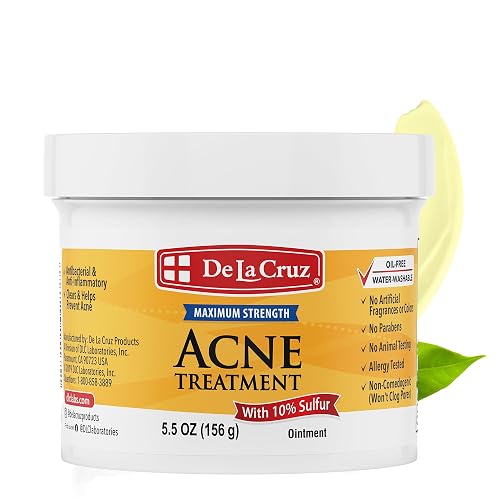 De La Cruz 10% Sulfur Ointment, Cystic Acne Treatment Face & Body 5.5 oz | Maximum Strength Sulfur Acne Treatment, Helps Clear Pimples, Antibacterial & Anti-inflammatory, Non-Comedogenic, Value jar