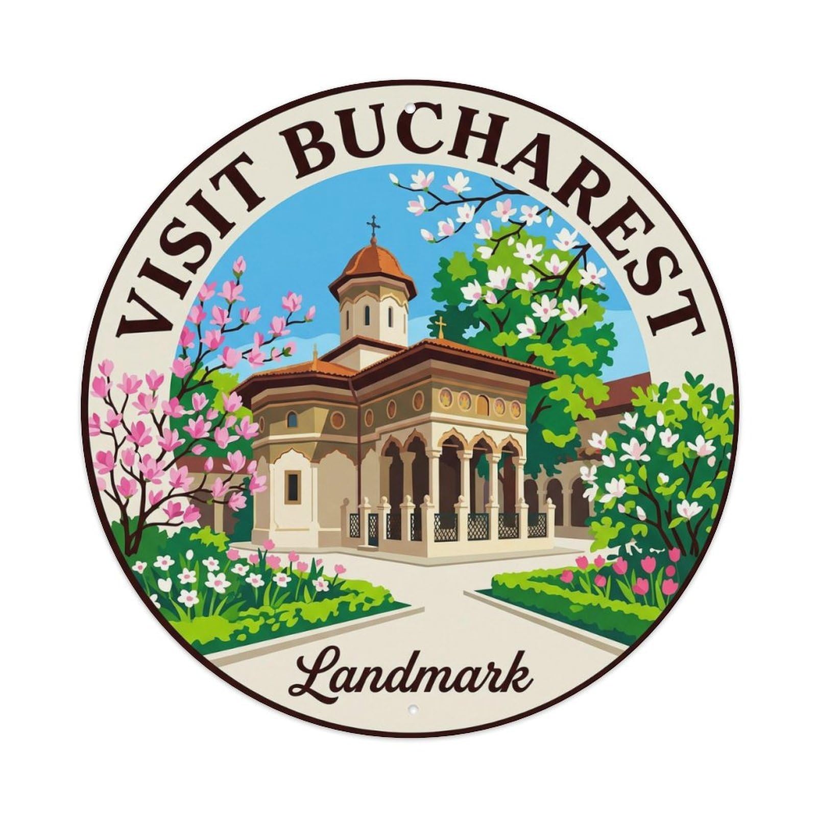 Romanian Landmark Historic Tourism Monastery Classic Metal Tin Sign Plaque Wall Decor for Cafe, Man Cave, Club Bar, Office, Home Garden Round Metal Poster 8x8Inch