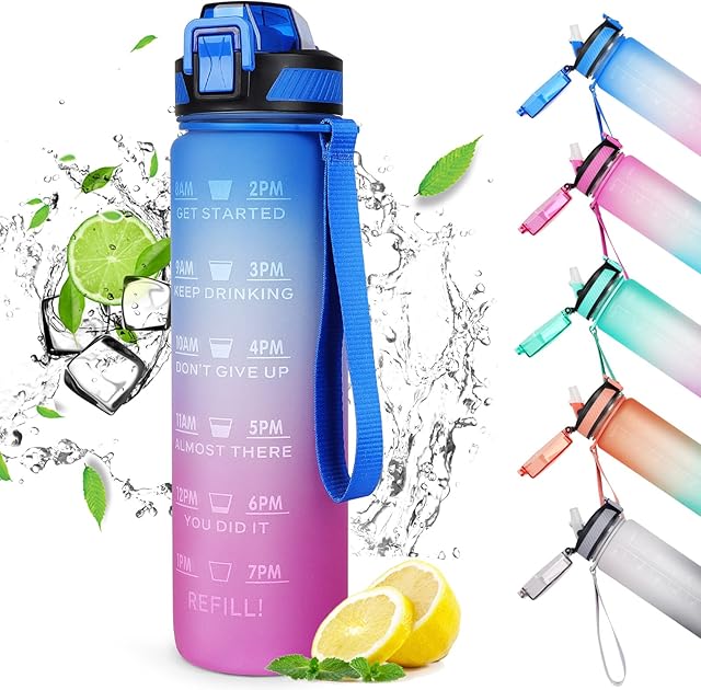 CodiCile Sports Water Bottle 1L, Leak Proof Water Bottle with Straw for Men & Women Reusable Durable BPA Free Tritan Drinking Cup with Brush