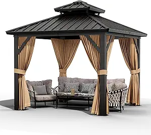 10x10ft Double Roof Hardtop Gazebo, Heavy Duty Galvanised Steel Hardtop Pavilion with Nettings and Curtains, Metal Roof Gazebo for Patio, Terrace, Lawn and Deck, Brown