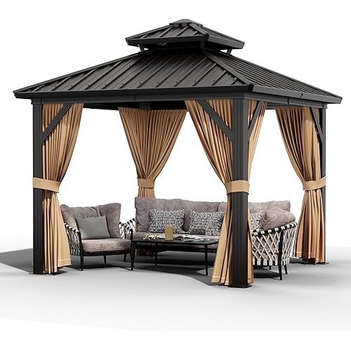 10x10ft Double Roof Hardtop Gazebo, Heavy Duty Galvanised Steel Hardtop Pavilion with Nettings and Curtains, Metal Roof Gazebo for Patio, Terrace, Lawn and Deck, Brown