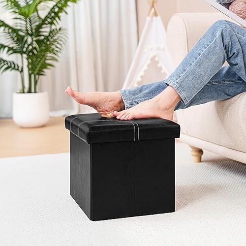 Miniatura 8 de B FSOBEIIALEO Otomana de almacenamiento con piel sintética plegable pequeña y cuadrada para reposapiés, color negro, 11.8 x 11.8 x 11.8 pulgadas