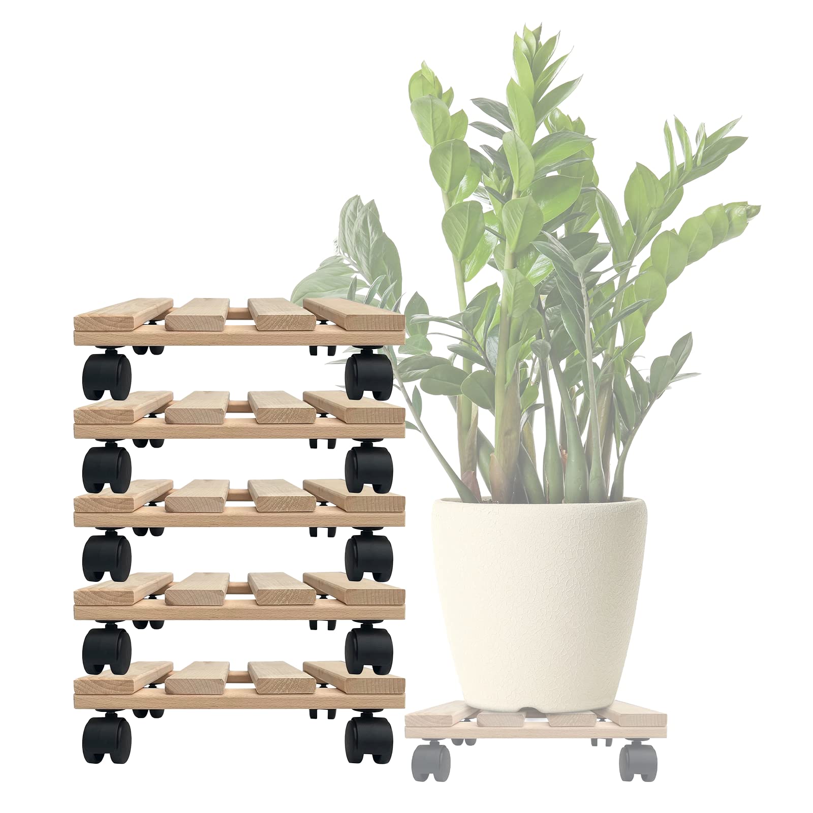 Unbekannt Lot de 5 roulettes pour plantes en bois massif en bois de hêtre solide carré 30 cm x 30 cm jusqu'à 120 kg