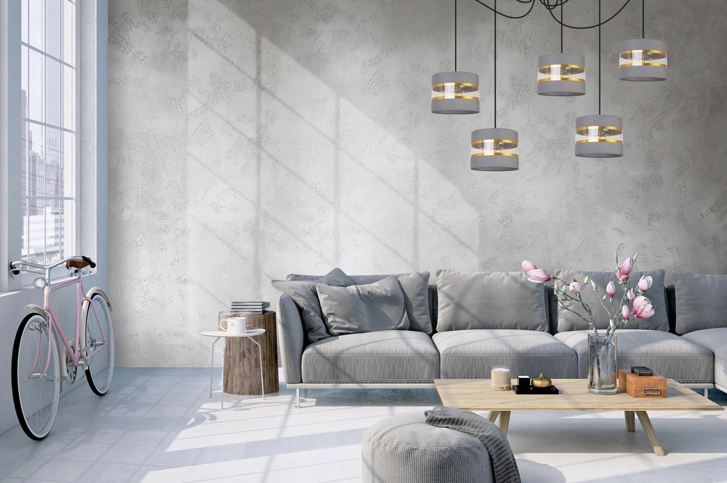 Light-Home Spider Elegance Deckenleuchte Pendelleuchte - Moderner Deckenleuchter für Schlafzimmer Wohnzimmer und Küche im Glamour - E27 mit 5 Lichtpunkten - Lampenschirm Stoff 20cm - Schwarz und Grau