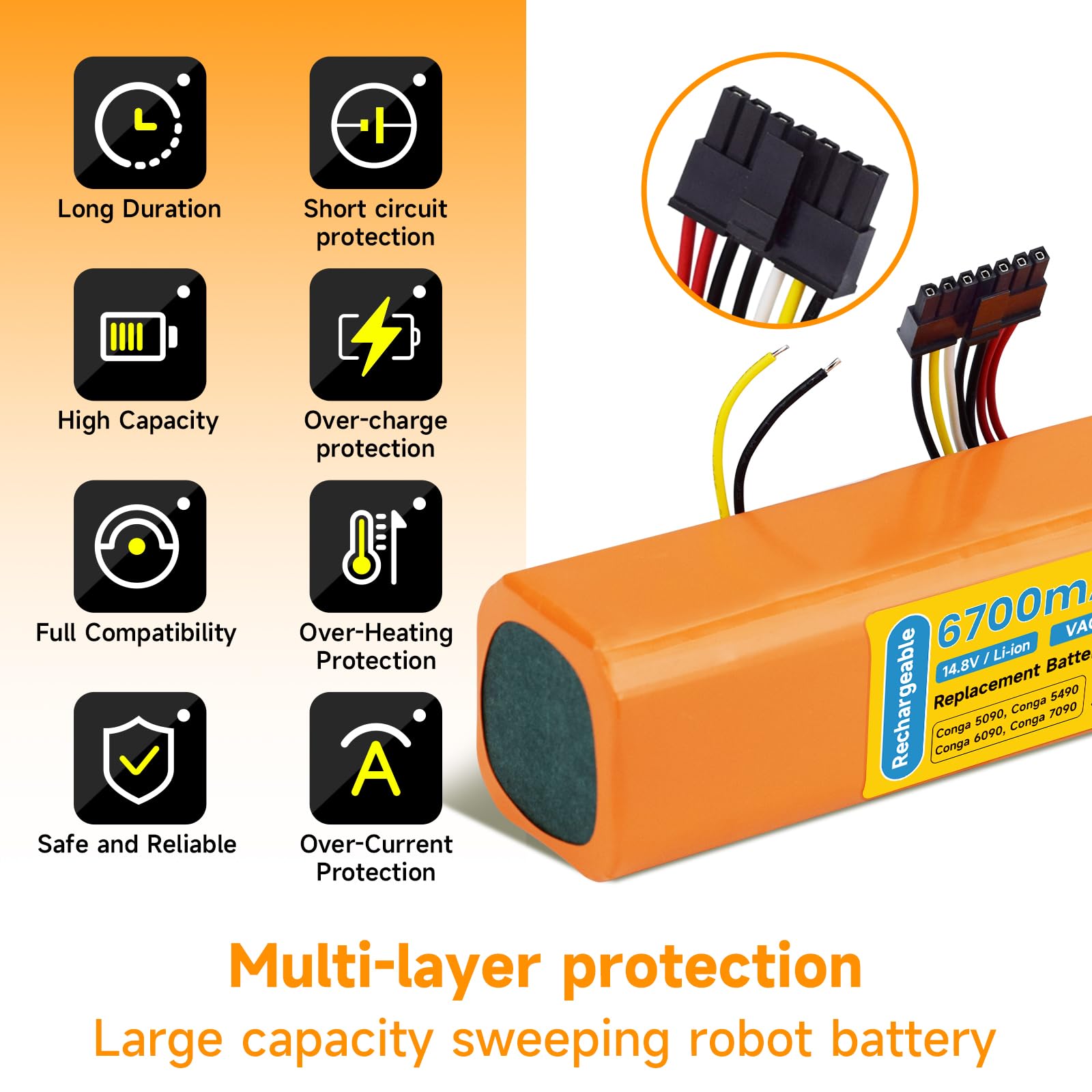 6700mAh/14.8 V Litio Batería de Repuesto para Cecotec Conga 5090 5490 6090 6490 7090 IA, Bateria Alta Capacidad Larga duración, facilitar el reemplazo
