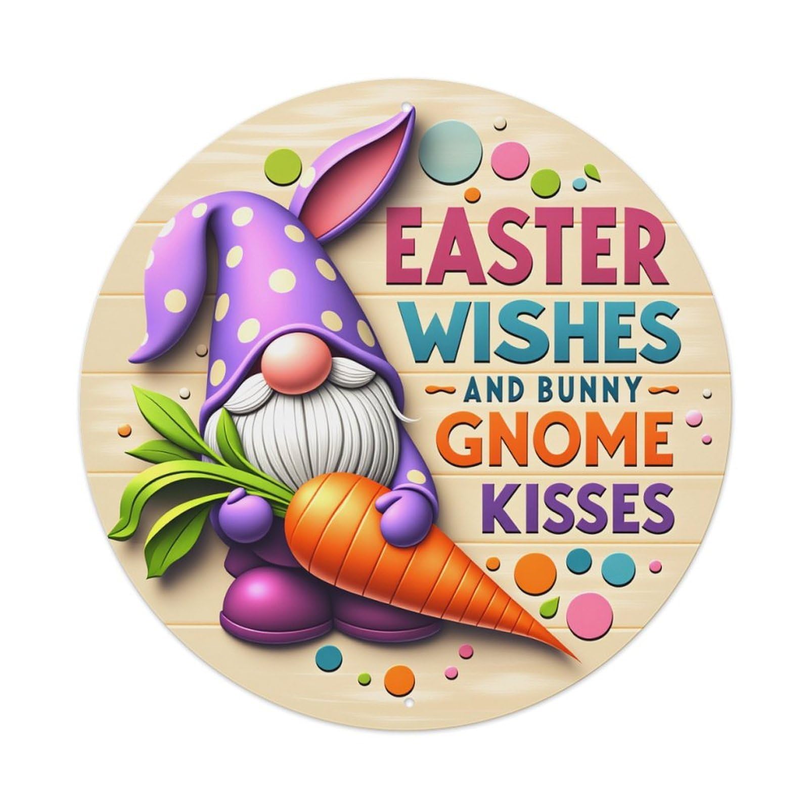 Wmlzdnwr Vintage Easter Wishes And Bunny Gnome Kisses Round Tin Sign,Retro Wall Art,Metal Poster For Home, Bar, Garage, Cafe, Rustic Indoor & Outdoor Decor, 8X8 Inches