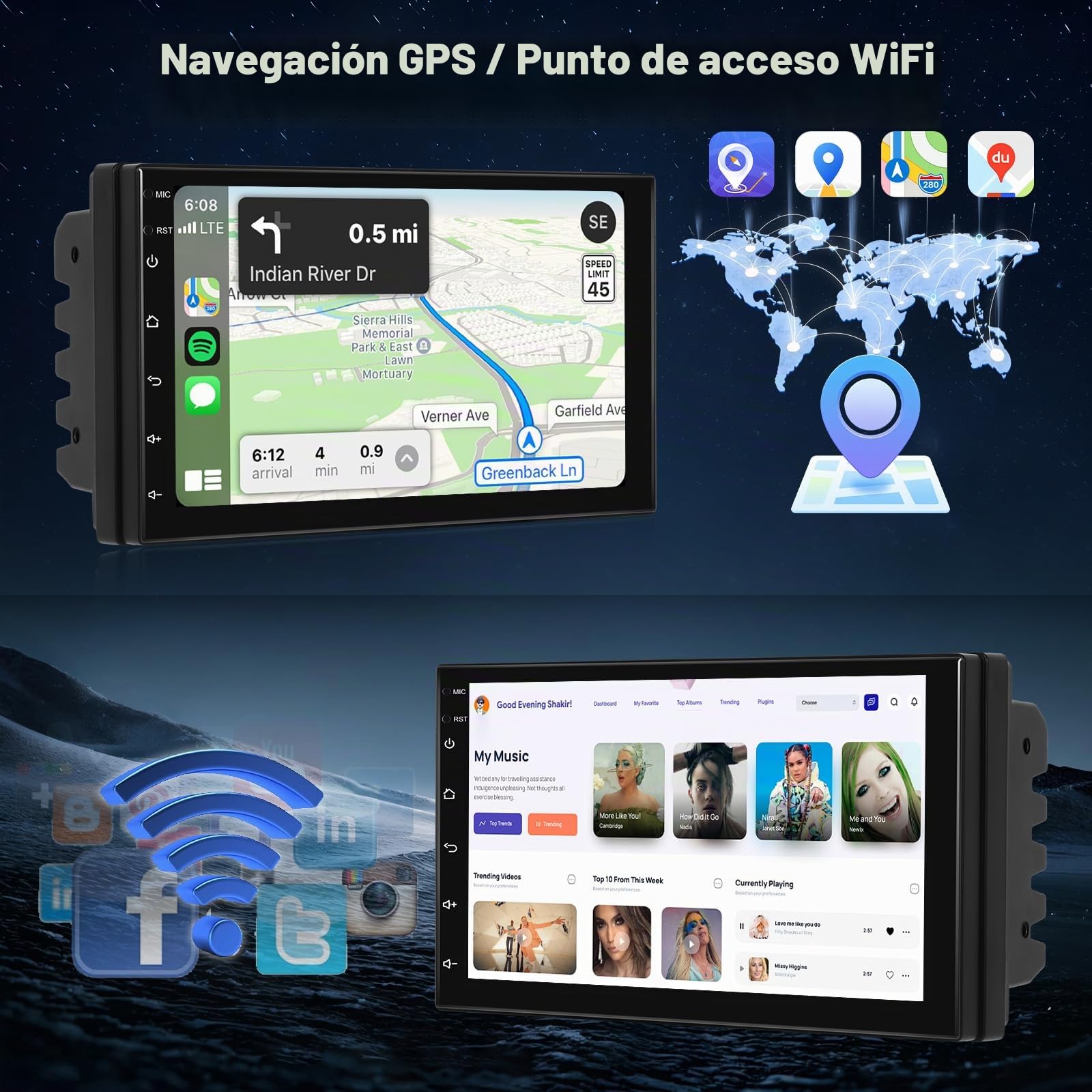 NHOPEEW Radio para Coche Android con WiFi GPS -Radio para Coche de 7 Pulgadas Compatible con Mirror Link, Ecualizador, DSP, Pantalla Dividida, Controles en el Volante y cámara de Marcha atrás