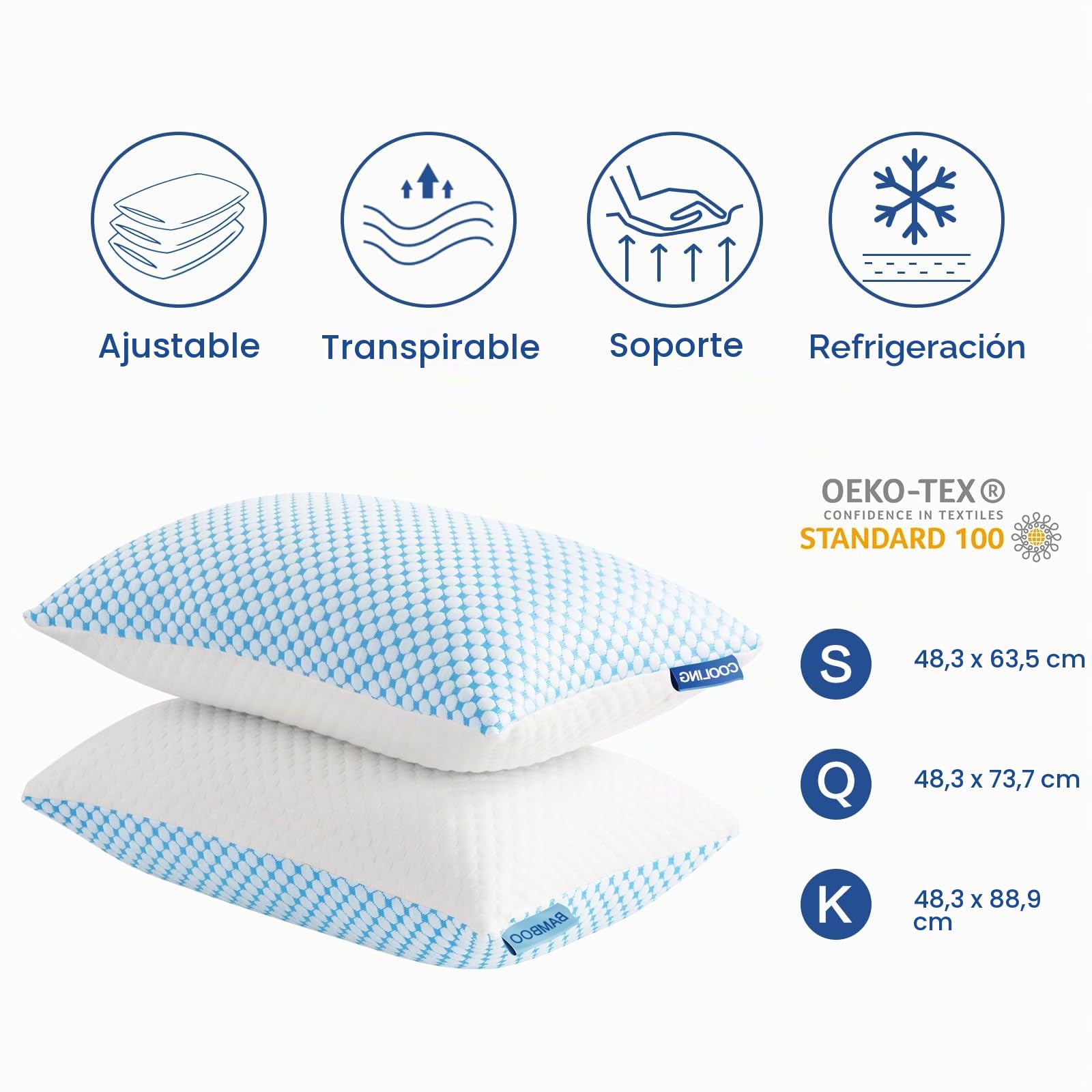 EASELAND Almohadas refrescantes para Dormir, Apoyo Firme del Relleno de Espuma viscoelástica triturada (Loft Ajustable), Almohada de rayón de bambú hipoalergénica y Transpirable, tamaño estándar
