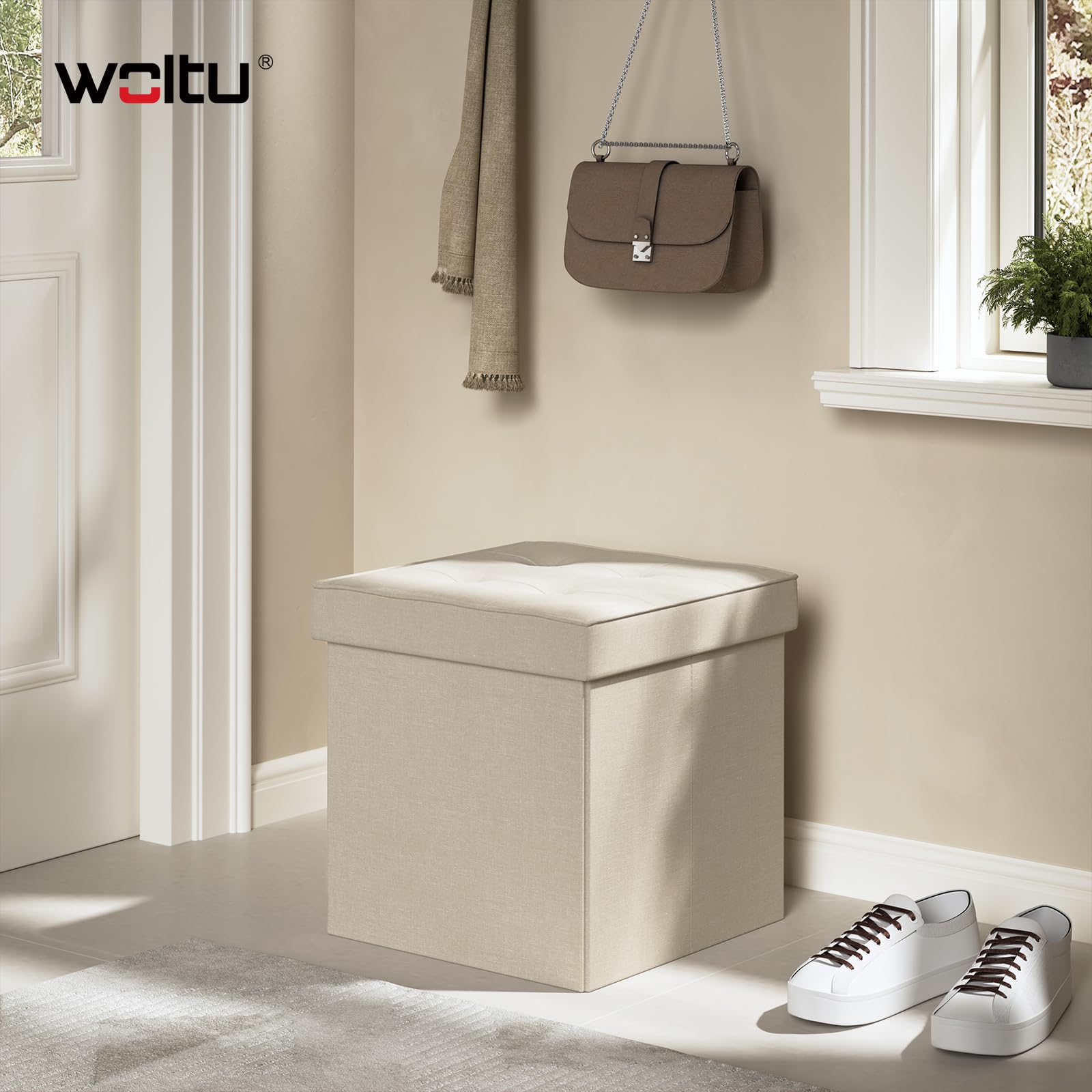 WOLTU Sgabello Pieghevole Sedia a Cubo Pouf Cassapanca Poggiapiedi Panche Contenitore con Coperchio Rimovibile MDF Oxford Lino Beige