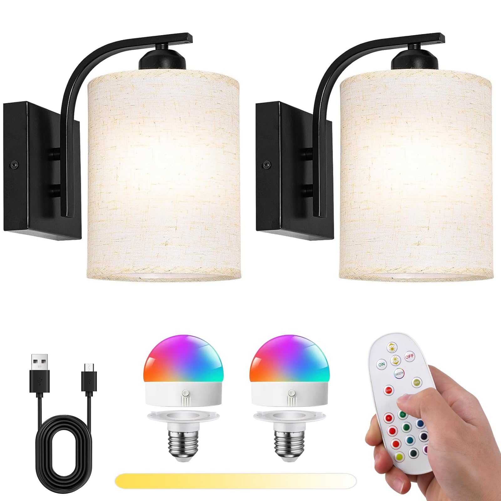 Battery Operated Wall Lights Indoor,Rechargeable Wireless Wall Lamp With Remote,15 Colours Cordless wall Sconce with 4000mAh Dimmable Detachable Bulbs,Fabric Shade Wall Light for Bedroom Living Room