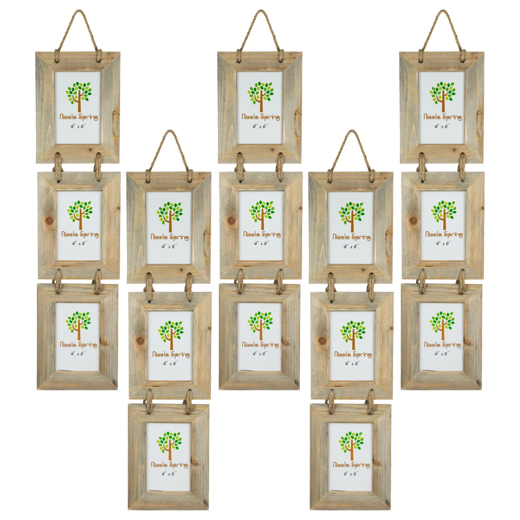 Nicola Spring Hanging 3-Photo Frame - Fits Photo Size 4 x 6 (10 x 15cm) - Pack of 5 - Rustic Natural Wooden Picture Frame Wall Mounted Portrait Orientation Rope Hanging Certificate Poster