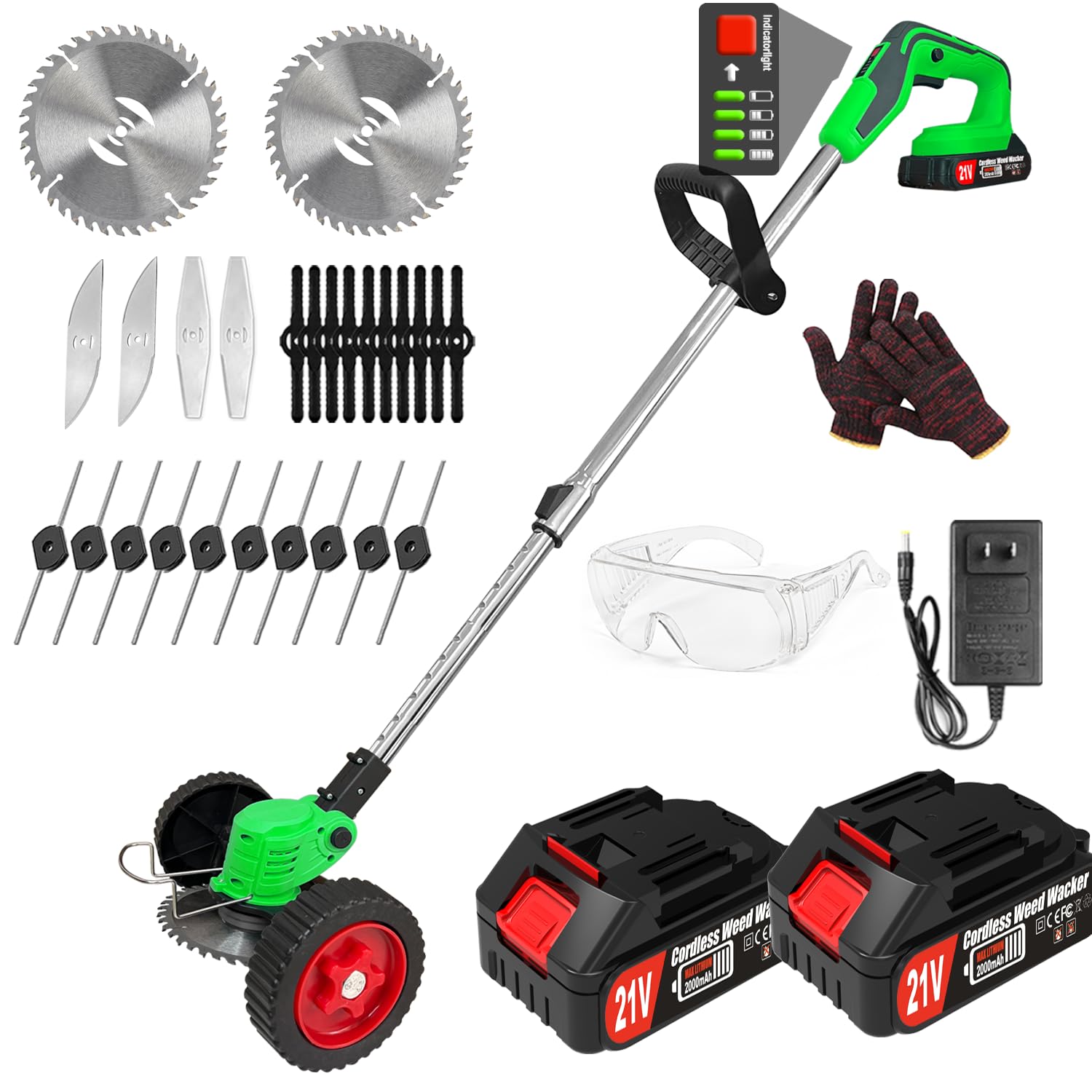 Cordless Weed Wacker Electric Battery Powered Weed Eater, Lightweight Grass Trimmer Edger Lawn Tool with 2X 2000mAh Battery Powered & 5 Types Blades Wheeled Lawn Mower, for Garden Yard