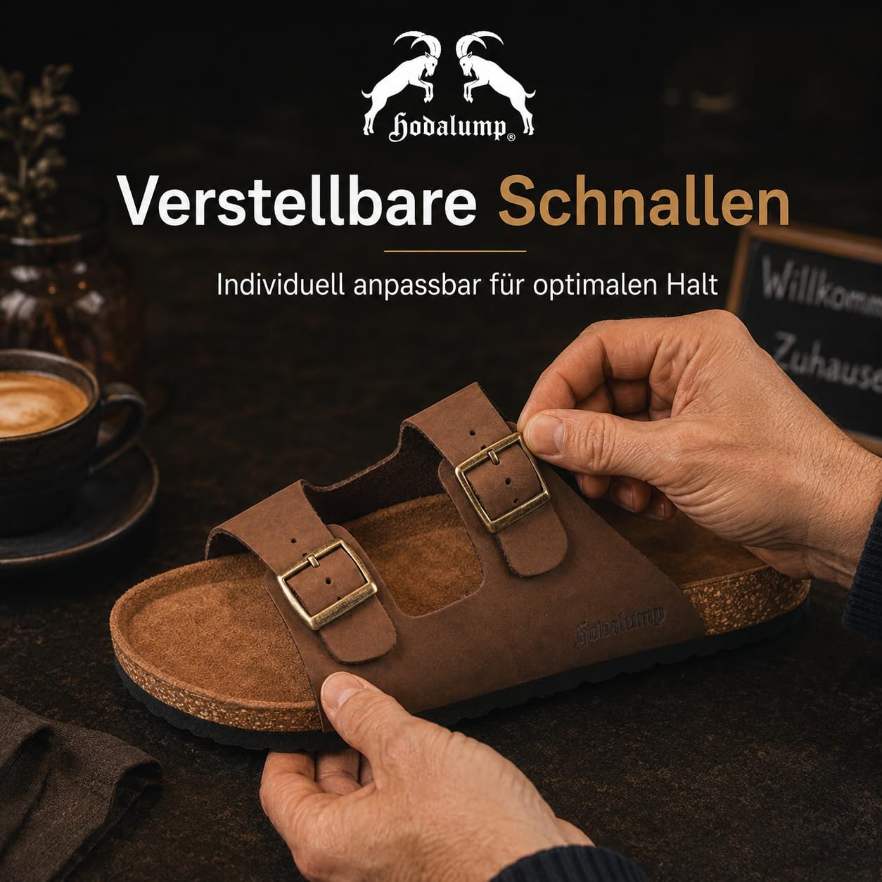hodalump Sandalen Herren – Hausschuhe/Patschen mit ergonomischer Korksohle – Pantoffeln Rutschfest & bequem, Hauspantoffeln