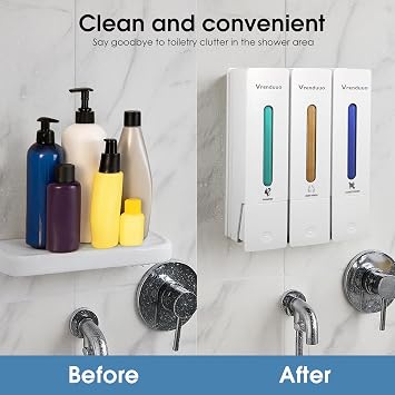 Shampoo and Conditioner Dispenser,Shower Dispenser 3 Chamber No Drill,Shower Soap Dispenser Wall Mounted for Bathroom Hotel with Upgrade Pump Head(White 3 Chamber)