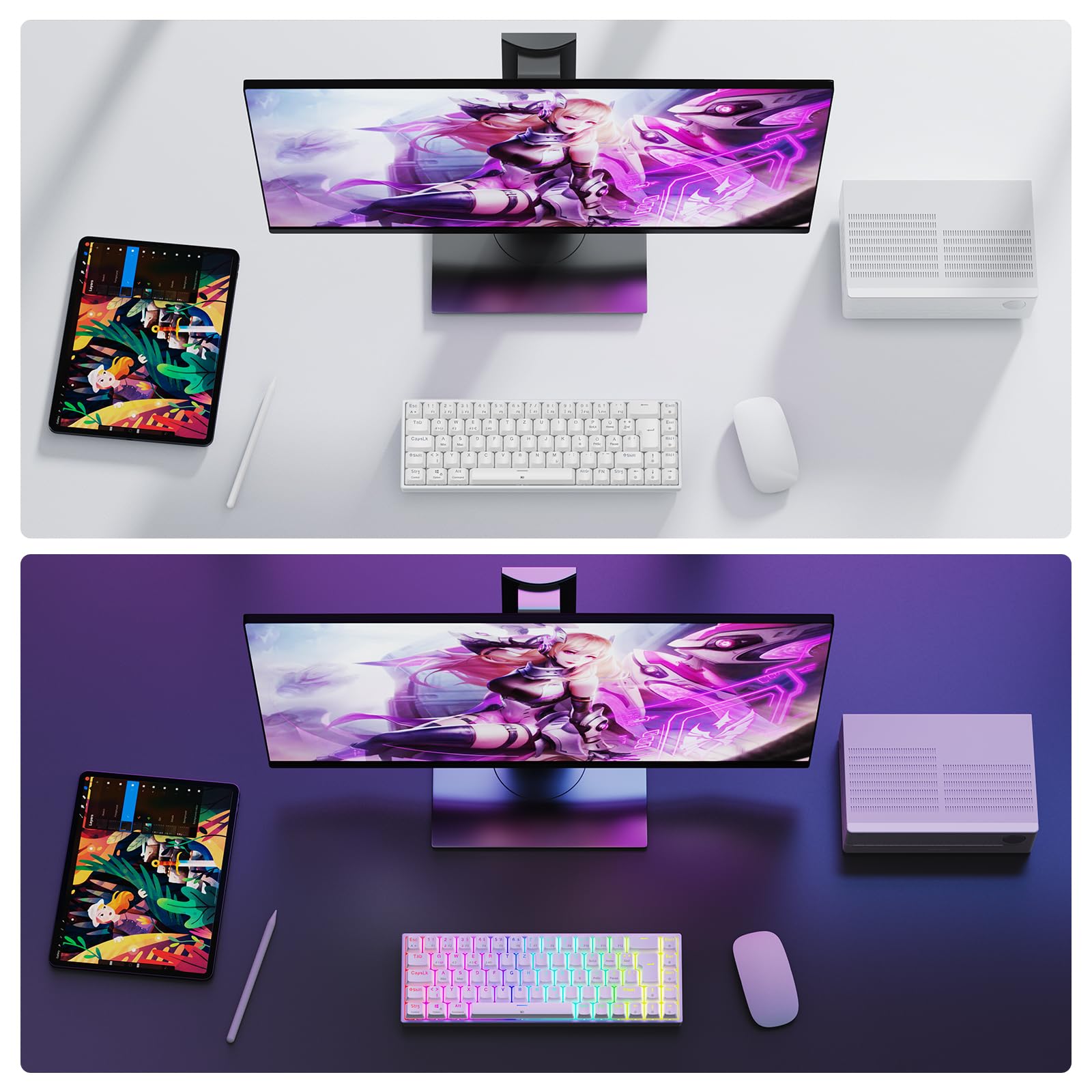 TECURS Klawiatura mechaniczna gamingowa bezprzewodowa klawiatura RGB QWERTZ Bluetooth / 2,4 G/podświetlana kablem 65% TKL czerwony przełącznik do iPhone'a/Android/PC/Mac / PS4, biała