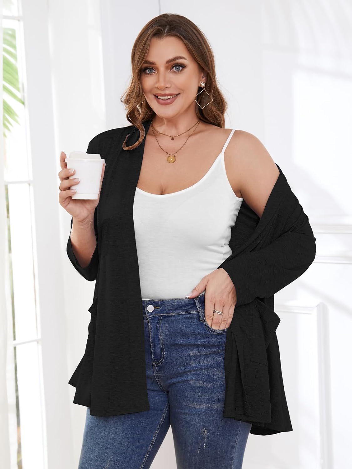 BELAROI Women Cardigan Casual Lightweight Plus Size Cardigan 3/4 Sleeve Open Front Soft Light Cardigan Drape Duster - Image 3